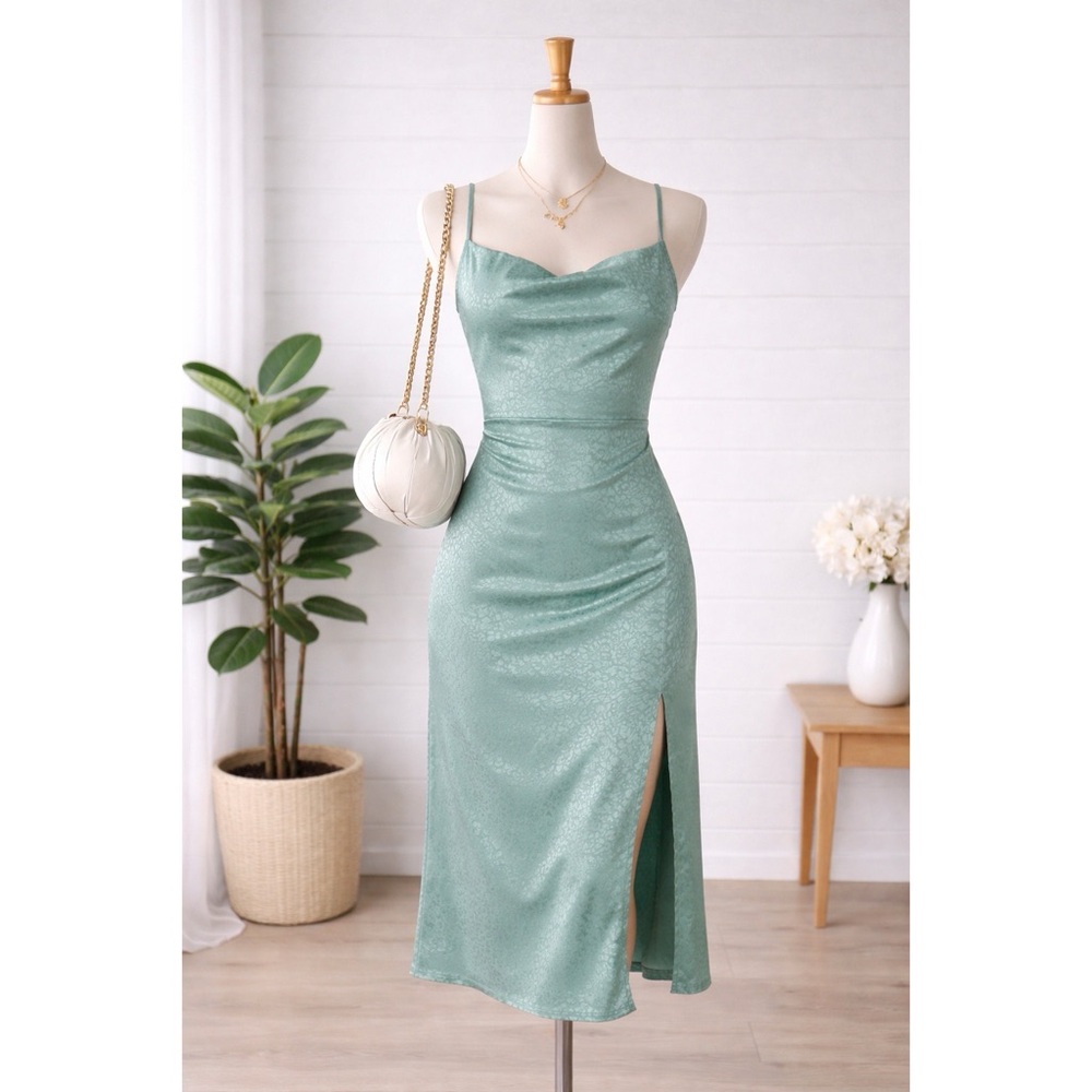 Lulu's Total Stunner Sage Green Satin Jacquard Cowl Neck Midi Dress